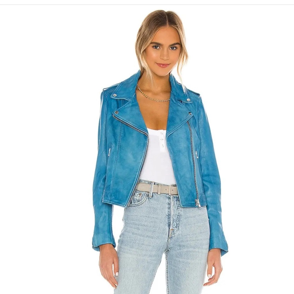 Lamarque Blue Leather Moto Jacket Asymmetrical Zipper